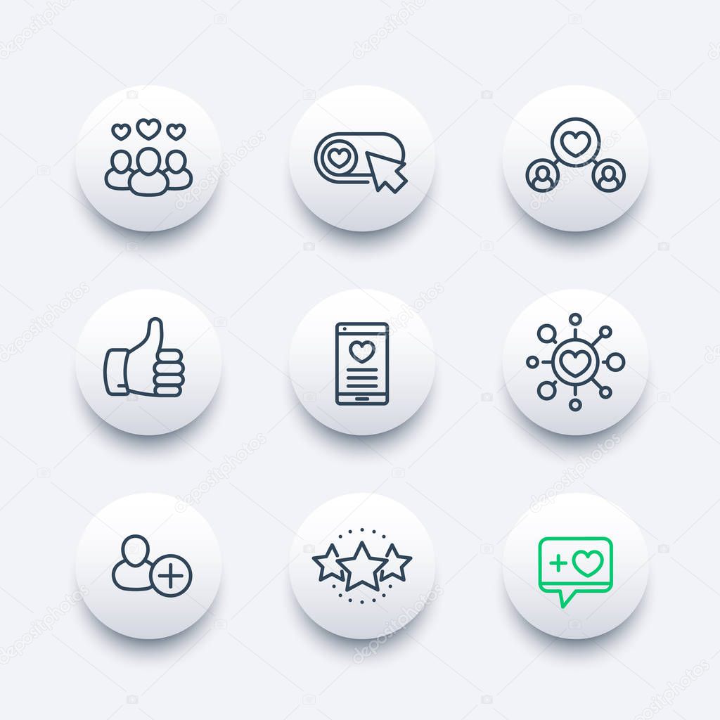 Likes, followers, hearts, rating icons set in line style