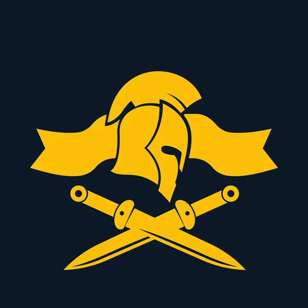 Emblema, modelo de logotipo com capacete espartano, espadas —  Vetores de Stock