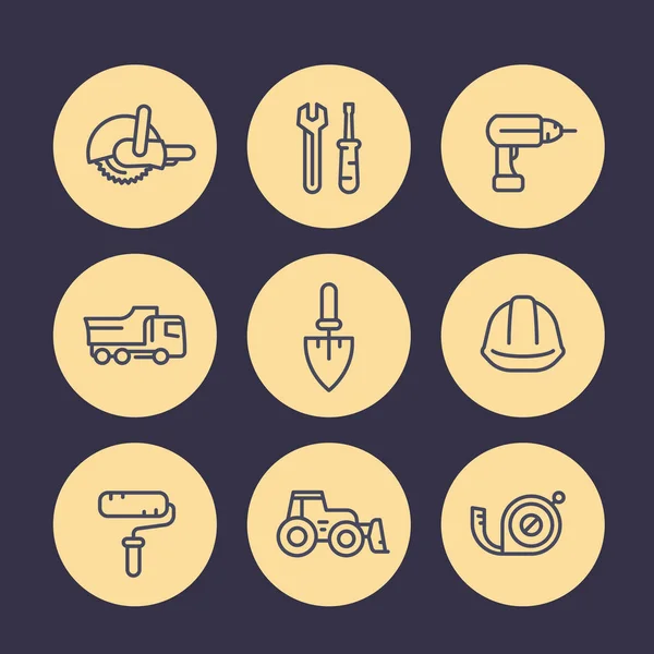 Construction line icons set, equipment and tools — Stock Vector