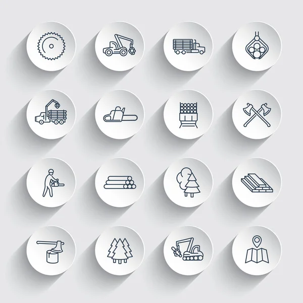 Logging line icons, sawmill, forestry equipment — Stock Vector