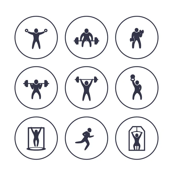 Gimnasio, ejercicios de fitness iconos en círculos sobre blanco — Vector de stock