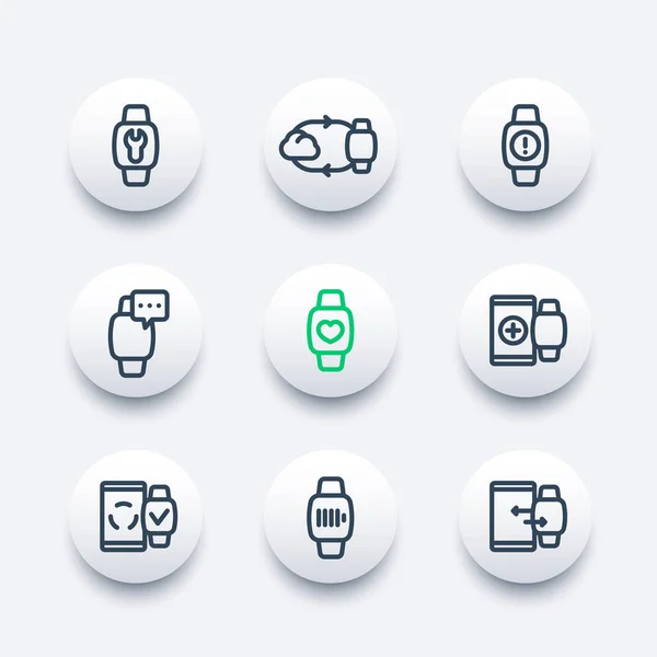 Iconos de línea de reloj inteligente, dispositivo portátil, gadgets — Vector de stock