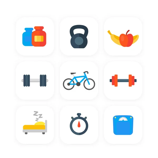 Fitness, gym icons set in flat style — Stock Vector