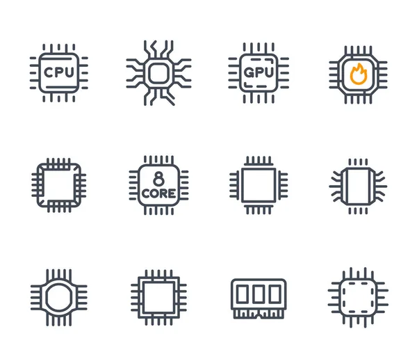 Chipset, icônes cpu, micropuce, processeur 8 cœurs — Image vectorielle