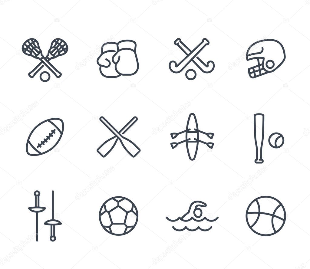 sports and games line icons on white