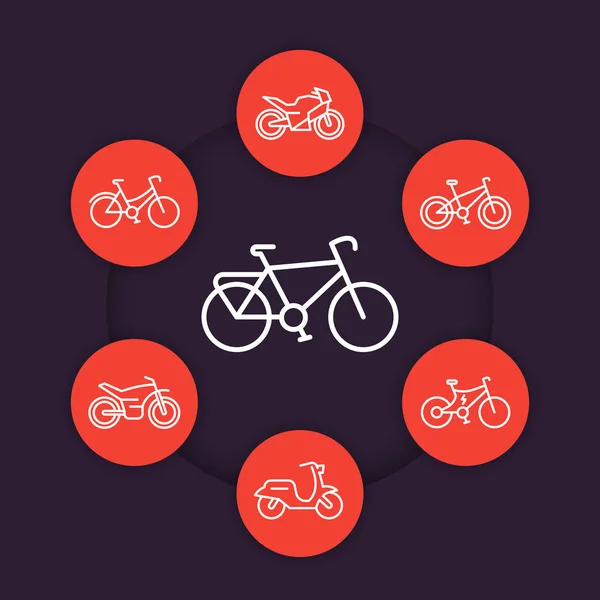Bicicletas iconos lineales, ciclismo, bicicletas, motocicletas — Vector de stock