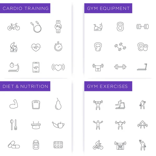 Träning, gym, fitness, kost, utbildning ikoner set — Stock vektor