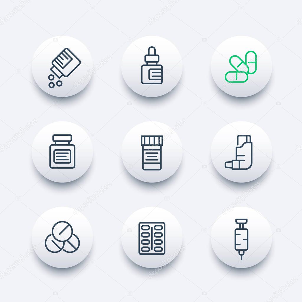 Medicaments line icons set, pharmaceutics, pills, medicine bottle, inhaler, syringe
