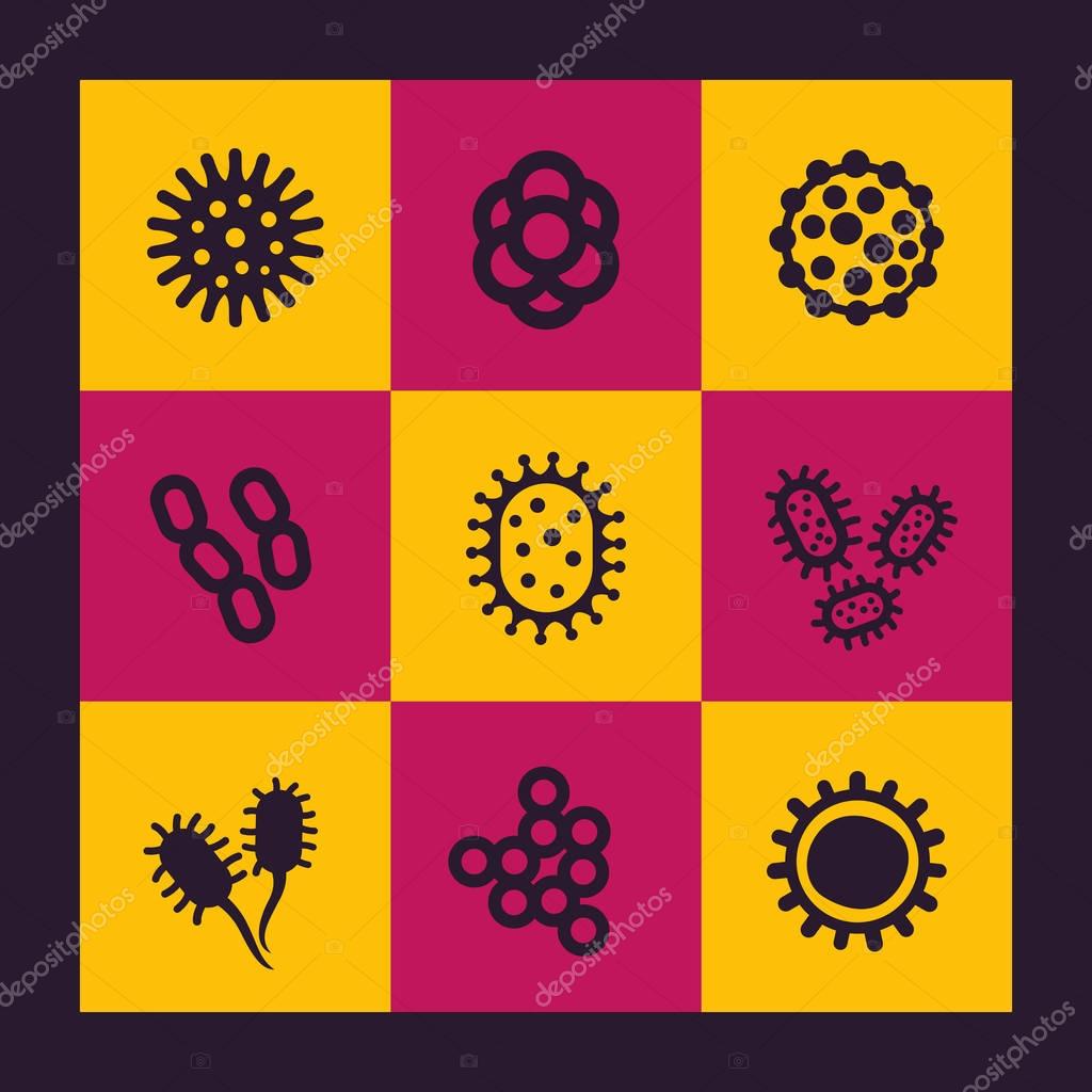 Bacteria, microbes and viruses icons, microbiology pictograms set, eps 10 file, easy to edit