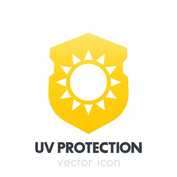 Protección UV, sol en el icono del escudo, símbolo en blanco — Archivo Imágenes Vectoriales