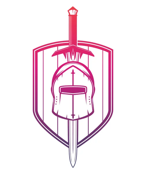 Casco medieval, espada y escudo en blanco — Vector de stock