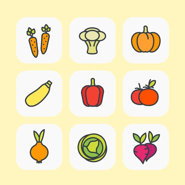 Conjunto de iconos de verduras, estilo plano con contorno — Vector de stock