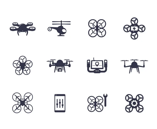 Drönare, quadrocopters ikoner på vit — Stock vektor