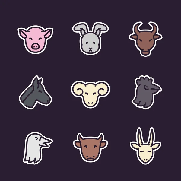 Ícones de animais de fazenda, estilo plano com contorno — Vetor de Stock