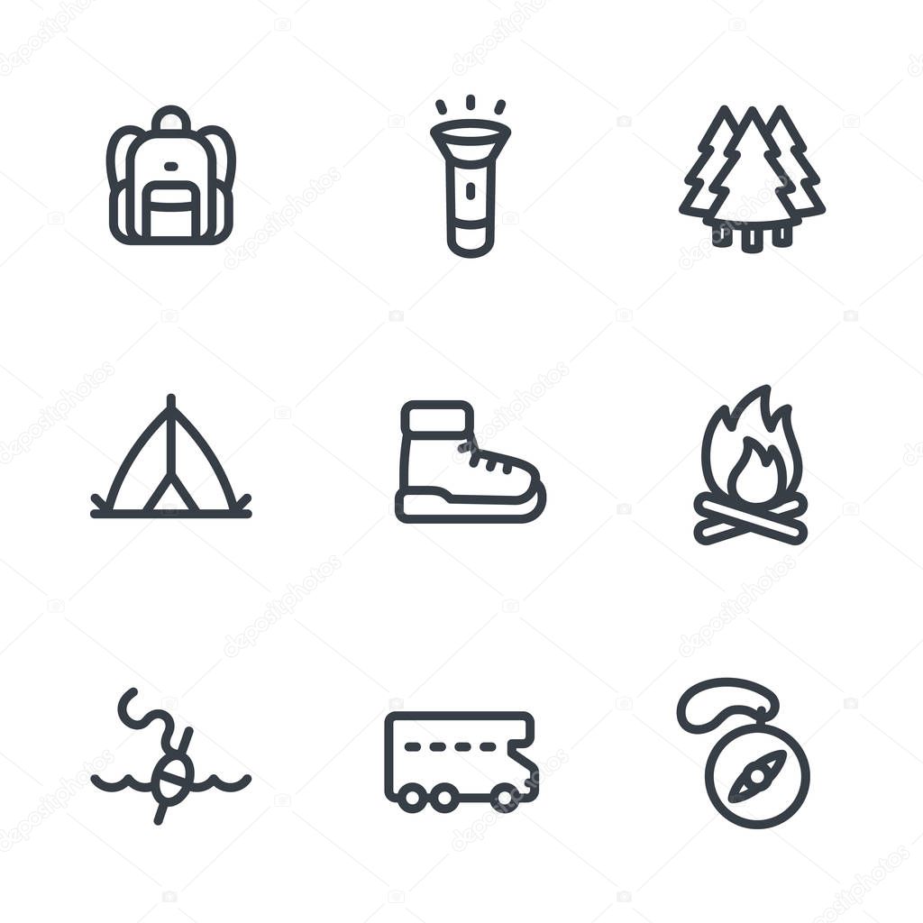 Camping, hiking icons set in linear style on white