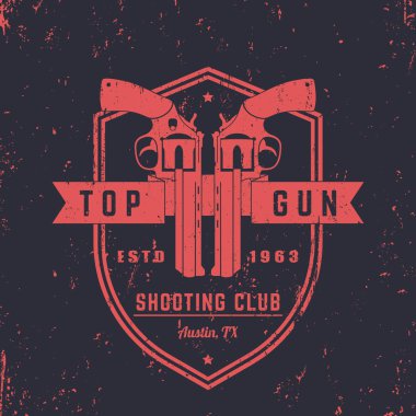 Silah Kulübü vintage logo, kalkan, revolverler ile rozet grunge kaldırılabilmesi için vektör çizim
