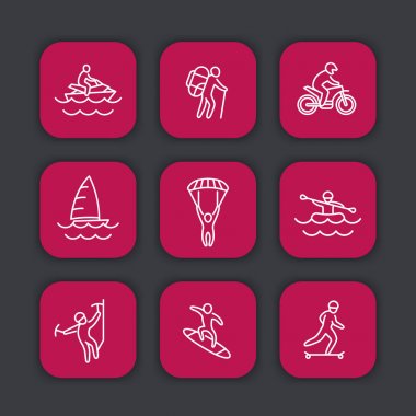aşırı açık hava etkinlikleri Icons set, rafting, paraşütle atlama, kaykay, yelken, sörf, tırmanışla hiking, vektör çizim, satır