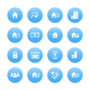 Emlak Icons set, Satılık, daire, arama, ev kira, garaj, Bina, illüstrasyon vektör