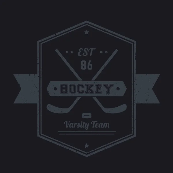 Hockey Vintage Emblem Logo Mit Gekreuzten Stöcken Grau Auf Schwarz — Stockvektor