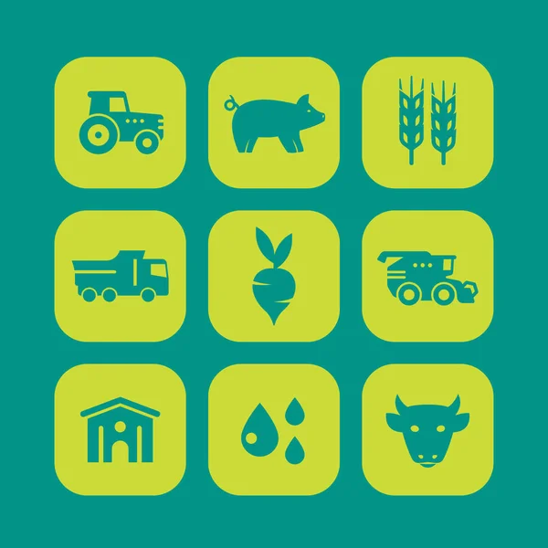 Rolnictwo Hodowla Ikony Żniwa Bydło Świnie Hangar Agrimotor Kombajn Ilustracji — Wektor stockowy