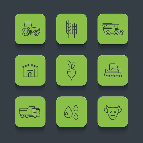 Agriculture Farming Line Icons Tractor Harvester Barn Agricultural Machinery Vector — Stock Vector