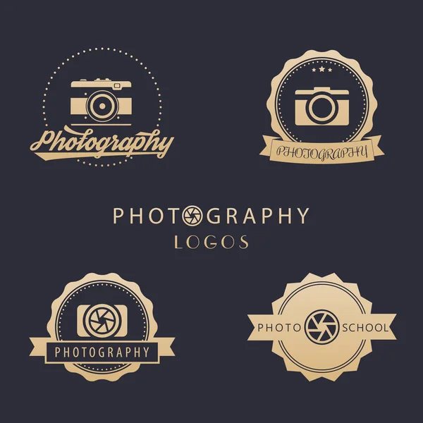 Logotipos Fotografia Escola Foto Emblemas Fotógrafo Câmera Retro Abertura Ouro — Vetor de Stock