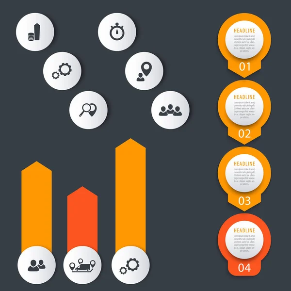 Timeline Verticale Elementi Infografica Icone Grafico Etichette Passo Illustrazione Vettoriale — Vettoriale Stock