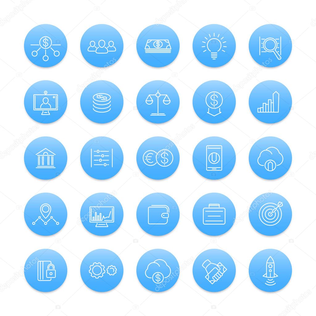 Venture capital line icons, investments, risk assessment, forex, hedge fund, startup company, round blue icons set