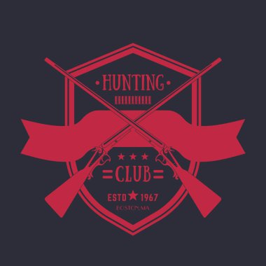 İki kulüp vintage logo avcılık geçti eski tüfek, koyu kırmızı amblem, vektör çizim