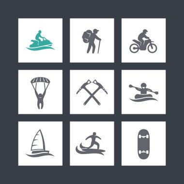 aşırı açık hava etkinlikleri Icons set, rafting, paraşütle atlama, dağcılık, kaykay, yelken, sörf