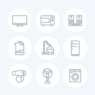 Aletleri satır simgeler beyaz, ev tüketici elektroniği, mikrodalga fırın, elektrikli süpürge, su ısıtıcısı, tv, fan, buzdolabı, saç kurutma makinesi, çamaşır makinesi, illüstrasyon vektör