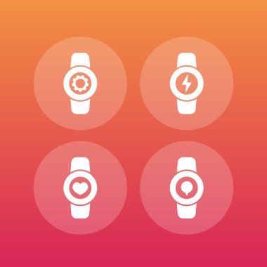 Akıllı izleme simgeleri, giyilebilir elektronik, smartwatch ayarları, ücret, fitness app, vektör çizim