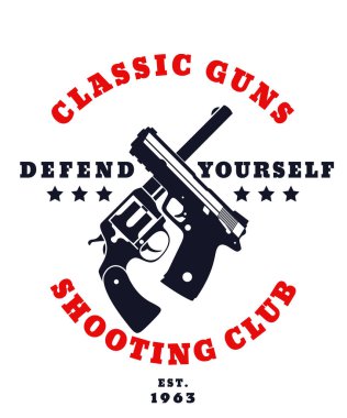 Klasik silahlar amblemi çapraz tabanca ve tabanca, vektör çizim ile renk