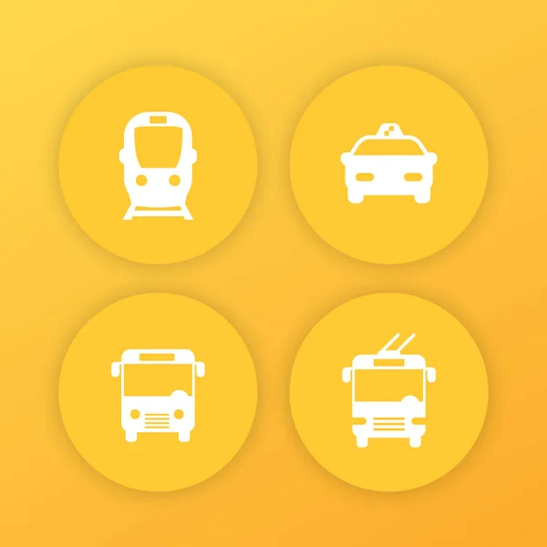 Helyi Közlekedés Tömegközlekedés Kerek Sárga Ikonok Taxi Busz Metró Trolibusz — Stock Vector