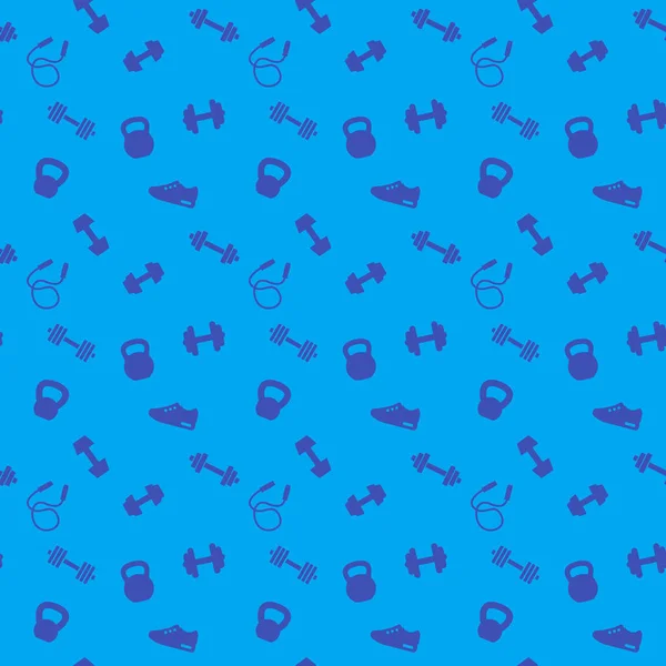 Seamless Pattern Gym Icons Dumbbells Kettlebells Jumping Rope Blue Background — Stock Vector