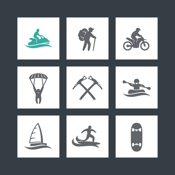 Set Icone Attività All Aperto Estreme Rafting Paracadutismo Alpinismo Skateboard — Vettoriale Stock