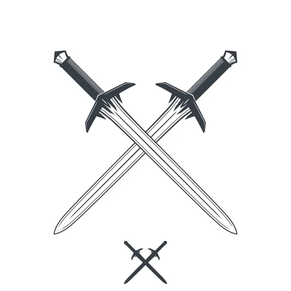 Espadas Cruzadas Sobre Blanco Contorno Silueta Ilustración Vectorial — Vector de stock