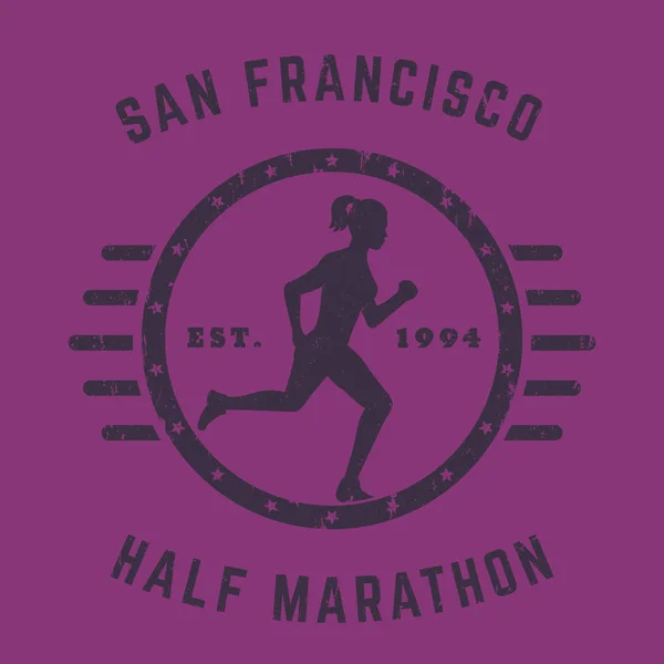 Metade Marathon Logotipo Vintage Shirt Imprimir Com Running Girl Mulher — Vetor de Stock