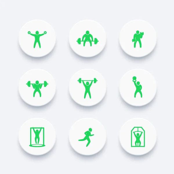 Gimnasio Ejercicios Fitness Iconos Entrenamiento Levantamiento Pesas Entrenamiento Gimnasio — Vector de stock