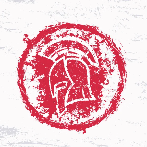 Grunge Spartaanse Helm Rode Ronde Teken Vectorillustratie — Stockvector