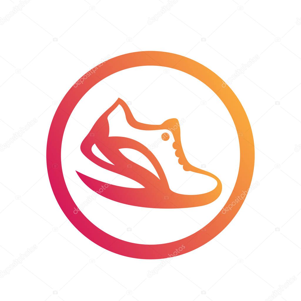 Running logo element, icon, running shoe in circle on white, vector illustration