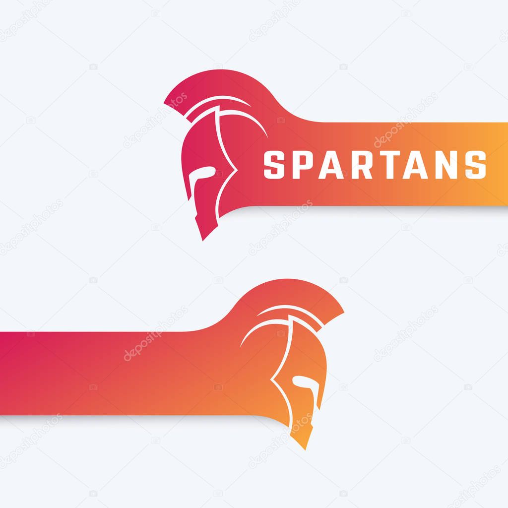 Spartans logo with warrior helmet with mohawk in fiery red, vector illustration