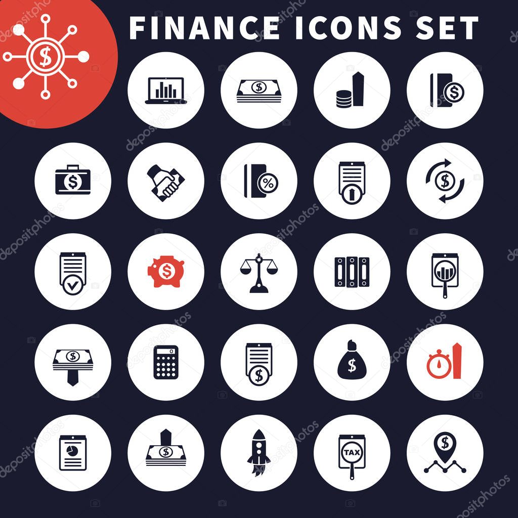 25 finance icons set, investing, shares, stocks, funds, assets, investment, income, financial instruments, vector illustration