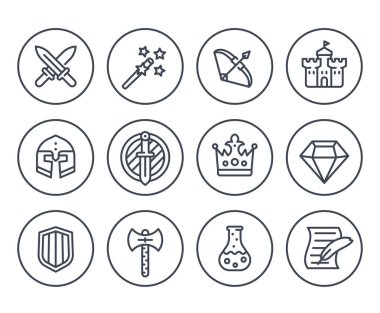 Game line icons on white, RPG, fantasy, swords clipart