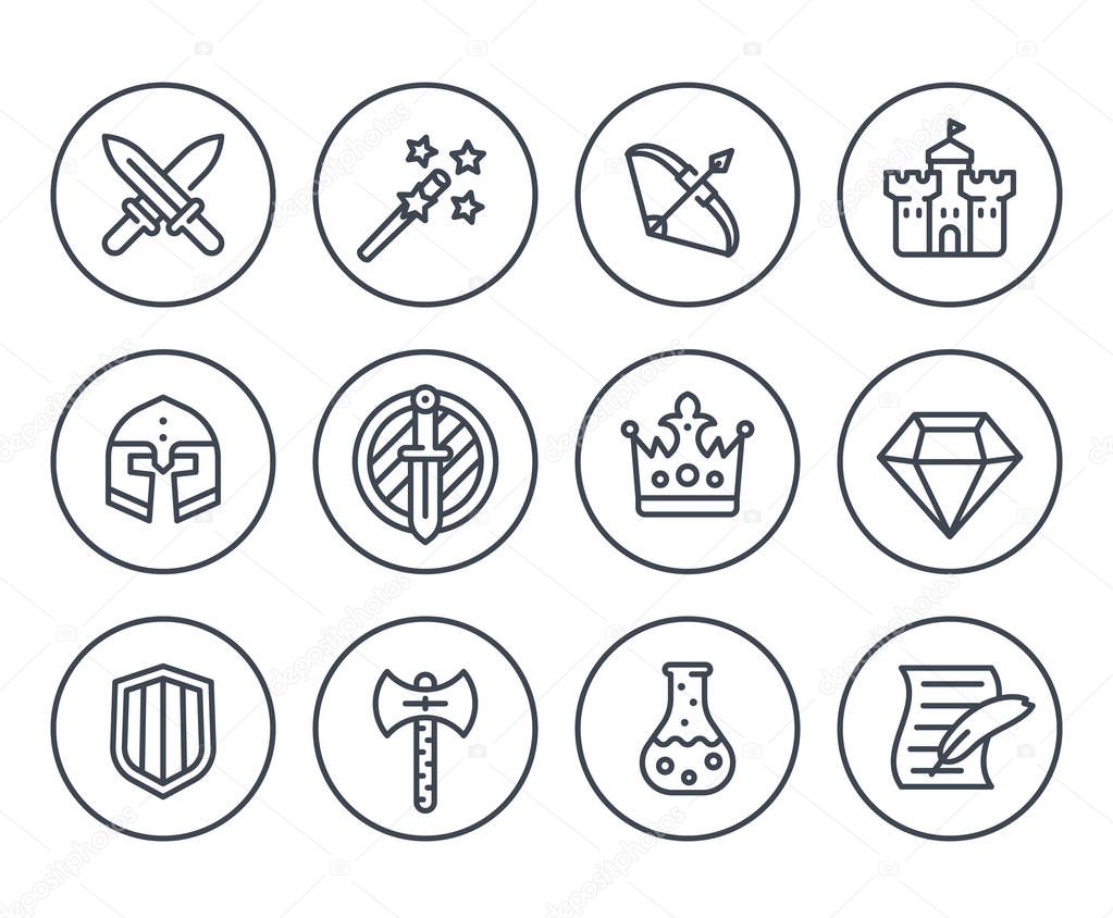 Game line icons on white, RPG, fantasy, swords