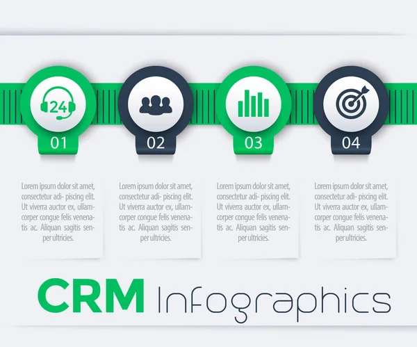 Infografías de CRM, 1, 2, 3, 4 pasos, línea de tiempo — Archivo Imágenes Vectoriales