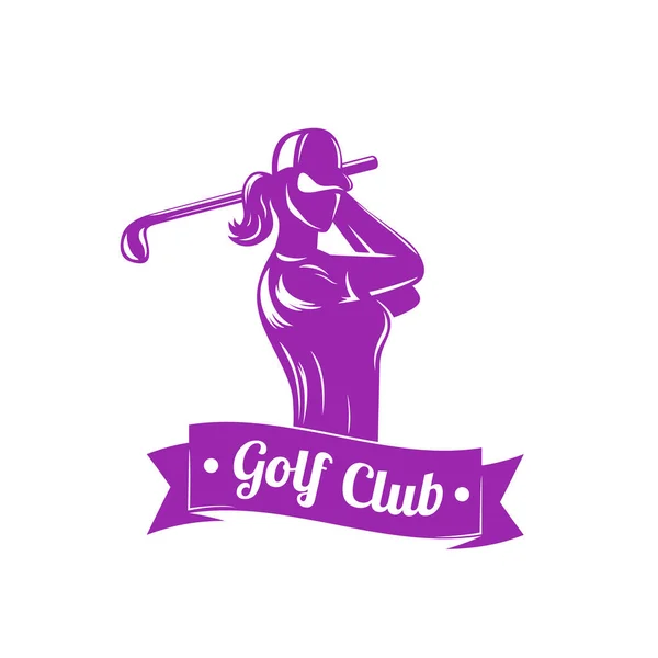 Golf logo met meisje swingende club — Stockvector