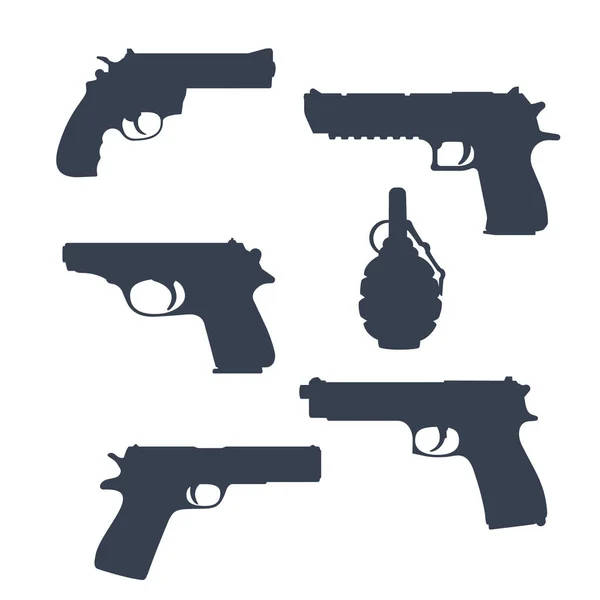 Revólver, pistolas, pistola, siluetas de granada — Vector de stock