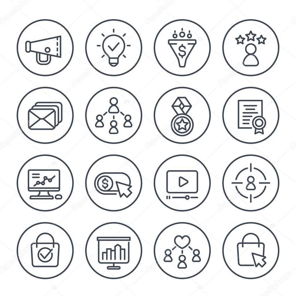 digital marketing icons on white, line vector set