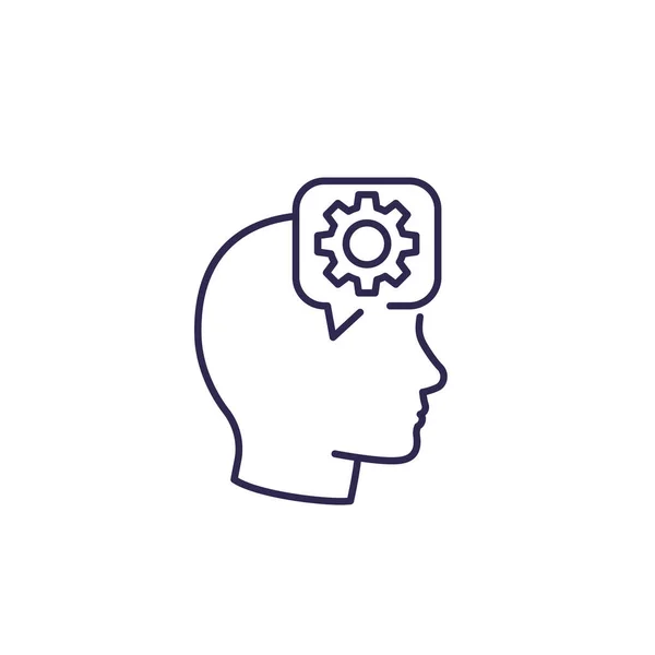 Engrenage dans la tête, icône de ligne d'éducation sur blanc — Image vectorielle